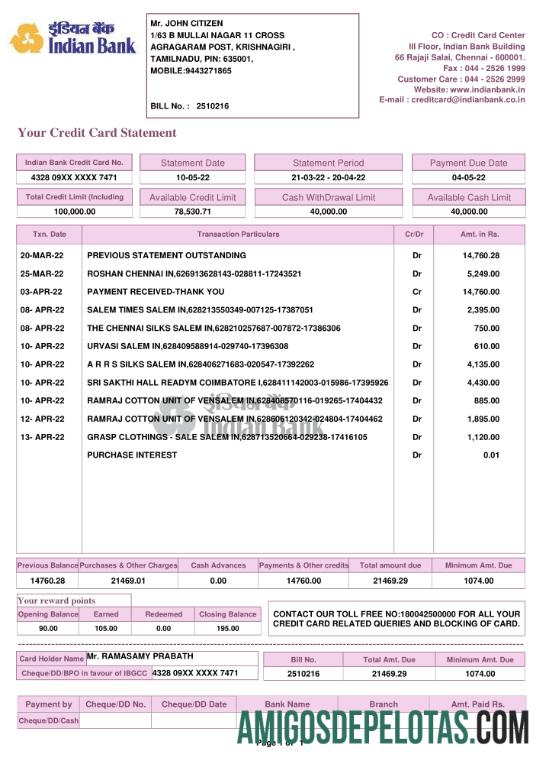 Modelo de extrato bancário indiano para impressão, formato Word e PDF, 2 páginas